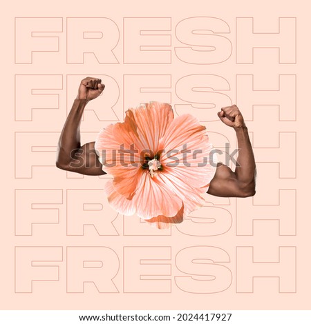 Power of nature. Copy space for design. beautiful flower with muscular hands over pastel patterned background. Stylish composition, youth culture, magazine style.