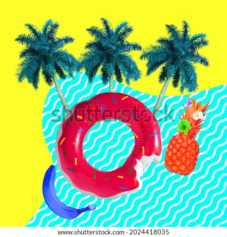 Creative composition with palms, fruit and swimming circle over yellow background. Summer mood, vacation, holiday concept. Copyspace for ad.