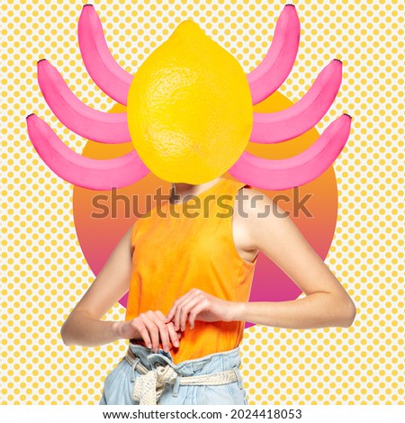 Contemporary art collage. Summer mood. Young woman headed with lemon and bananas over light background. Creativity and inspiration concept. Copyspace for ad.
