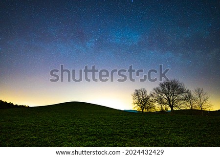 A landscape of a field covered in trees and grass under a starry sky during the sunset