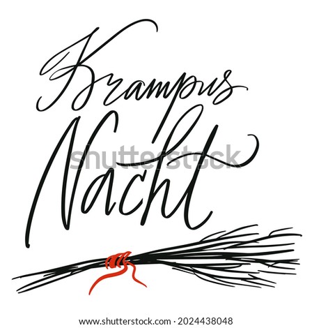 Krampus Night. Lettering.  Scary krampus. Horned devil. Heck. Traditional Christmas devil. Little devil stealing a child. Vector illustration for cards, posters, stickers and  design. Austrian