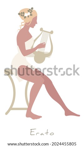 Girl wearing flowers in her hair, dressed in the ancient Greek style, playing the cithara. Greek mythology. Muse Erato. Isolated on white background. Royalty-Free Stock Photo #2024455805