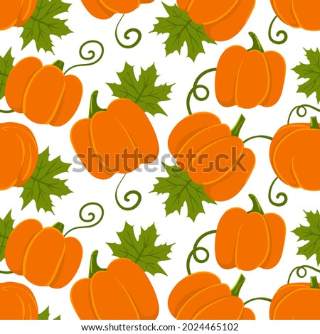 Seamless pattern with orange pumpkins and green leaves. Cartoon vector vegetable background.
