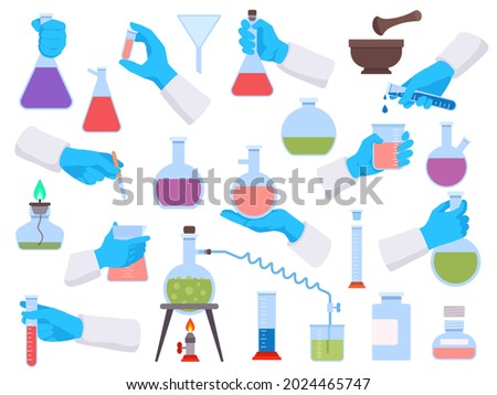 Chemistry laboratory test tubes and science tools for experiment. Chemist or doctor hands in gloves hold lab beakers and flasks vector set. Illustration of test-tube for pharmacology technology Royalty-Free Stock Photo #2024465747