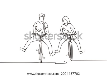 Continuous one line drawing happy funny young couple riding on bicycle. Romantic teenage couple ride bike. Young man and woman in love. Happy married couple. Single line draw design vector graphic