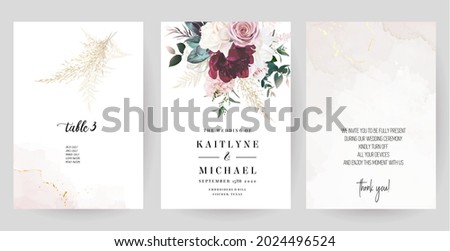 Luxurious beige and blush trendy vector design frames. Pastel pampas grass, fern, magnolia, dusty pink rose, peony flowers. Watercolor brush texture. Wedding cards. Elements are isolated and editable Royalty-Free Stock Photo #2024496524