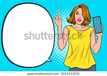 Talking woman pointing and holding a smartphone introducing retro cartoon style pop art