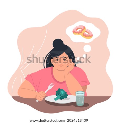 A sad obese woman is sitting at the table with a plate of broccoli. A woman on a diet dreams of a donut. Healthy lifestyle and bad habits. The concept of weight loss and diet. Vector illustration Royalty-Free Stock Photo #2024518439