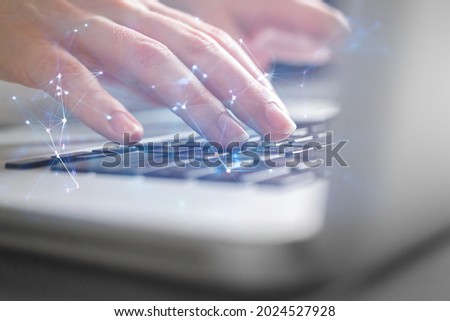 Close-up businesswoman hand working on laptop keyboard. Innovation and technology, data recoed system, document management concept. Double exposure photo
