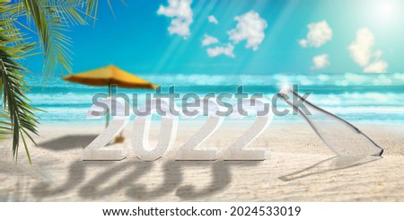 tropical paradise, tropical beach with palm trees and glass bottle on the sand 2022 3d design