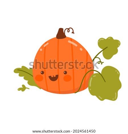 Autumn pumpkin with leaves. Cute happy characters isolated on white background