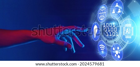 digital transformation, digitalization horizontal banner concept, AI technology, hand touching binary code inscription