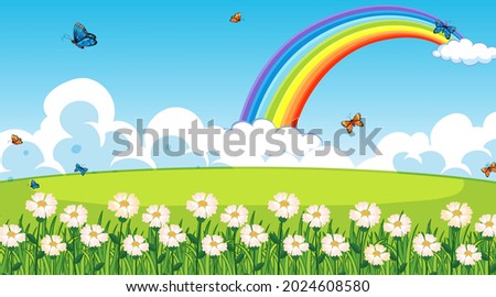 Nature park scene background with rainbow in the sky illustration