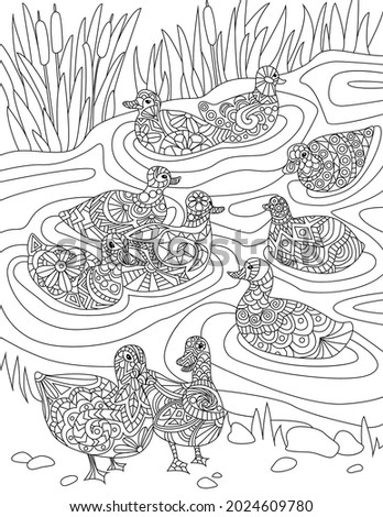 Flock Of Ducks Swimming In Pond Water With Tall Grass Colorless Line Drawing. Multiple Wild Goose Playing On A Lake Coloring Book Page.