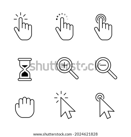Finger and arrow pointer outline icon set. Finger clicks on the screen with gesture index finger tapping. Suitable for design element of computer software pointer. Royalty-Free Stock Photo #2024621828