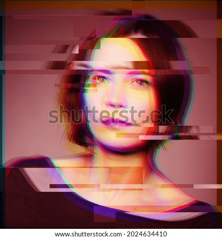 Portrait of a woman with a computer glitch effect. Deep fake concept.