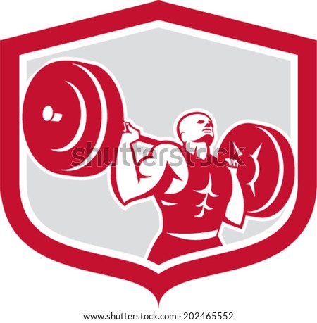 Illustration of a weightlifter lifting barbell behind shoulders back set inside shield crest shape on isolated white background done in retro style.
