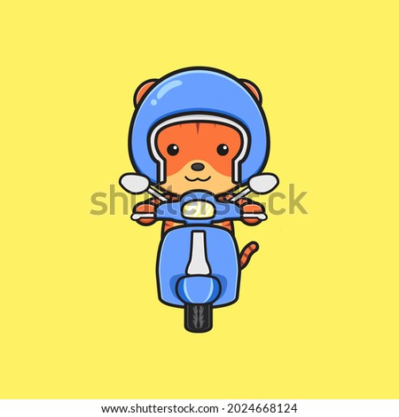 Cute tiger riding scooter cartoon icon illustration. Design isolated flat cartoon style