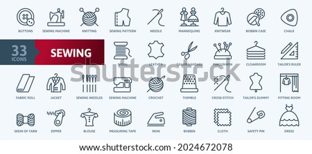 Sewing equipment and needlework  - thin line web icon set. Outline icons collection. Simple vector illustration. Royalty-Free Stock Photo #2024672078