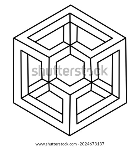 Impossible geometric figure. Optical illusion cube. Isometric object. Vector outline graphic design.