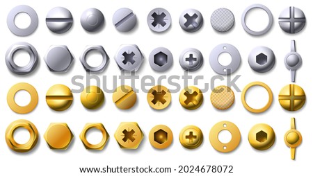 Gold and metal screw, rivet and bolt heads top view. 3d brass and steel nail, buttons, hexagon and circle shaped nuts with thread vector set. Illustration of screw gold and silver nuts to fix Royalty-Free Stock Photo #2024678072