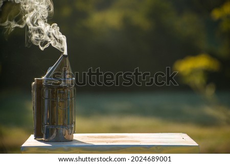 Bee smoker with smoke on the beehive in the nature with copy space