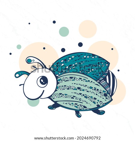 Cute blue beetle, cartoon doodle illustration, isolated object on  background with circle and texture, vector, eps. Funny for kids clothes, book.