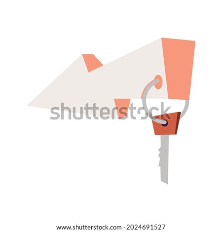New buildings composition with isolated image of cartoon style arrow with hanging key vector illustration