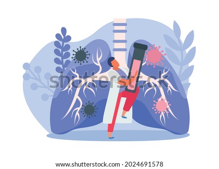 Lung inspection flat icons composition with doctor holding test tube in front of lungs full of bacteria vector illustration