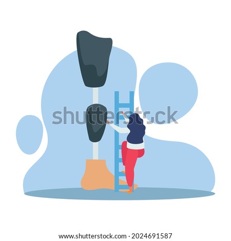 Orthopedics clinic flat composition with ladder female character of doctor and leg parts on stick vector illustration