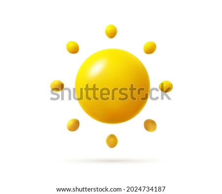 Vector glossy sun icon in minimalistic cartoon style. Hot yellow sun render. Glowing star symbol.