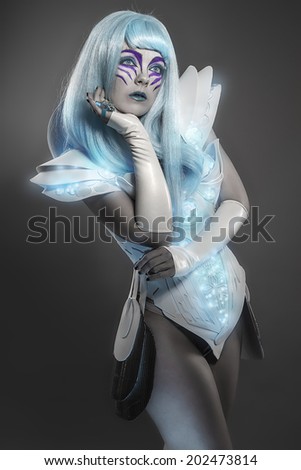 woman robot with led light dress, white and blue hair