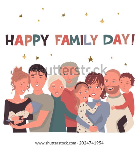 Portrait of a large family with many children, dad, mom, grandparents, sister, brothers, aunt, uncle, nephews. Greeting card: Happy family day. Vector cartoon illustration isolated on white background