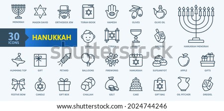 Hanukkah, Jewish festival - thin line web icon set. Outline icons collection. Simple vector illustration. Royalty-Free Stock Photo #2024744246