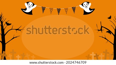 Vector - White ghost wear overcoat and holding bunting on orange background with tree, bat and cross. Copy space. Halloween, Holiday season greeting. Can be use for advertising, banner, poster.