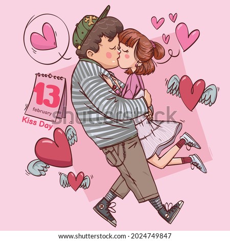 Kiss day super cute love cheerful romantic valentine couple dating gift for card or banner with doodle hand drawn full colour illustration