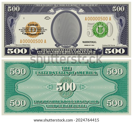 Fictional obverse and reverse of a gold certificate with a face value of 500 dollars. US paper money. McKinley Royalty-Free Stock Photo #2024764415