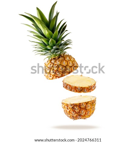 Fresh juicy tropical fruit pineapple flying isolated on white background. Sliced ananas pineapple falling. Royalty-Free Stock Photo #2024766311