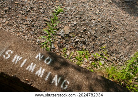 Closeup photo of a painted sign along the side of a dried river bank that reads "No Swimming" at Buttermilk Falls State Park in Ithaca, New York. 