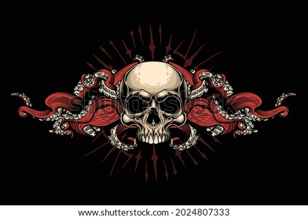Evil skull with tentacles design. Vector illustration of human skull with octopus tentacles in engraving technique isolated on black.