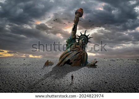 Statue of Liberty half buried in the sand  Royalty-Free Stock Photo #2024823974