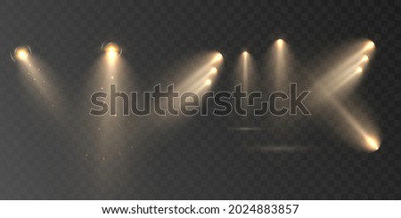 Light sources, concert lighting, stage spotlights. Floodlight beam, illuminated spotlights for web design and projection studio lights beam concert club show scene illumination. Royalty-Free Stock Photo #2024883857