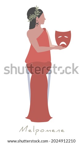 Girl wearing laurel wreath, dressed in ancient Greek style, holding a theatrical mask of tragedy. Greek mythology. Muse Melpomene. Isolated on white background. Royalty-Free Stock Photo #2024912210