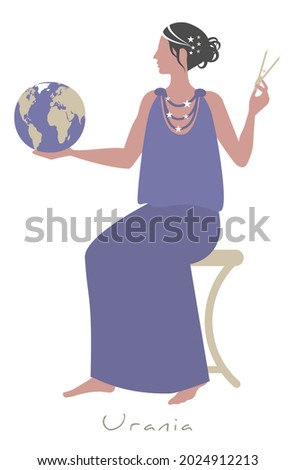 Girl dressed in the ancient Greek style, holding a globe and a compass. Muse Urania. Isolated on white background. Royalty-Free Stock Photo #2024912213
