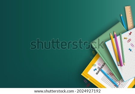 a green background with a book, a textbook, a notebook, a ruler, a pen, colored pencils, a calculator and other stationery lying on it. Vector illustration in the style of flat lay on a school theme Royalty-Free Stock Photo #2024927192