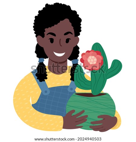 A portrait of a smiling african girl holding up a potted cactus with a bright red flower. Flat style vector illustration.