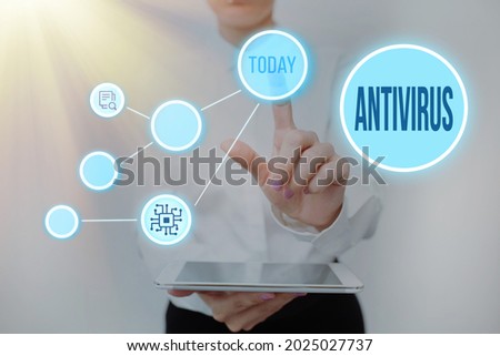 Inspiration showing sign Antivirus. Conceptual photo suitable for the detection and removal of computer viruses Lady Holding Tablet Pressing On Virtual Button Showing Futuristic Tech.