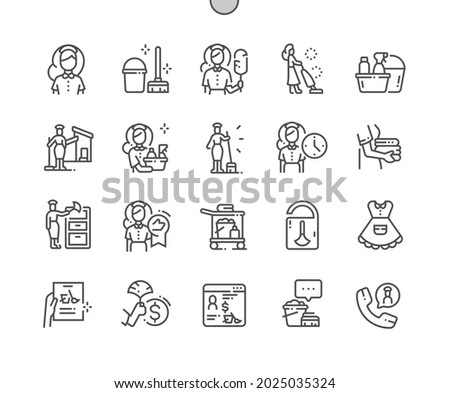 Maid. Cleaning service. House cleaner. Maid checklist. Clean towels. Pixel Perfect Vector Thin Line Icons. Simple Minimal Pictogram Royalty-Free Stock Photo #2025035324