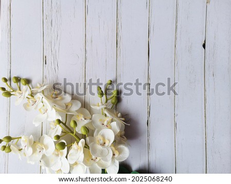 Beautiful white orchid artificial flowers background, spring background with nice flowers on white wooden