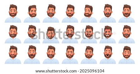 Set of different emotions of a bearded man. Fear, surprise, happiness, anger, envy. Facial expression. Vector illustration in cartoon style Royalty-Free Stock Photo #2025096104